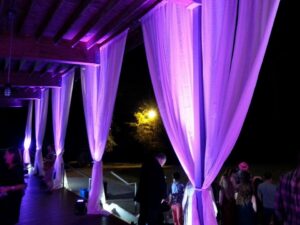 Purple-lit draped curtains hang from a wooden ceiling at night with people gathered nearby under the lights.